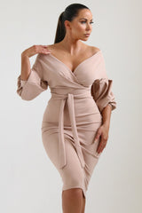 Nude Belted Bodycon Midi Dress - Angelica