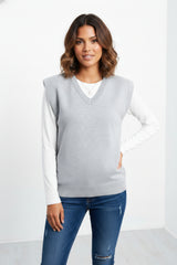 Grey V Neck Sleeveless Knitted Vest- Hanya