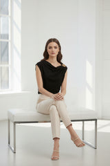 Black One Shoulder Draped Top with Gold Shoulder Detail- Fiana