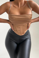 Taupe Diamante Straps Satin Corset Top - Hetty