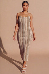 Beige Zig Zag Knit Strappy Midaxi Bodycon Dress- Teeya
