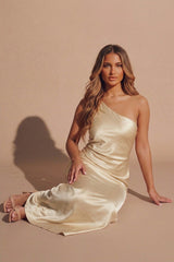 Yellow Satin One Shoulder Twist Back Cut Out Maxi Dress- Kavira