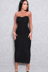 Black Ruched Strapless Bodycon Midi Dress - Vita