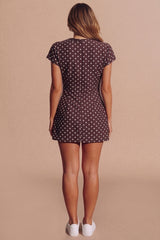 Brown Polka Dot Tie Neck Mini Dress- Zolvira