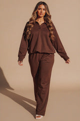 Chocolate Oversized Long Sleeve Rugby Top and Trouser Co Ord Set - Marizel