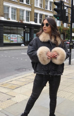 Black Denim Cream Faux Fur Fluffy Oversized Jacket - Sacha