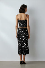 Black Polka Dot Satin Lace Trim Cami Crop Top & Midaxi Skirt Co-Ord- Niyana