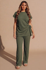 Khaki Tie Side Relaxed Fit Top And Wide Leg Trousers - Cheese