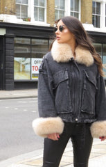 Black Denim Cream Faux Fur Fluffy Oversized Jacket - Sacha