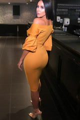 Mustard Belted Bodycon Midi Wrap Dress - Angelica