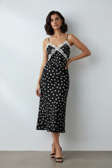Black Polka Dot Satin Lace Trim Cami Crop Top & Midaxi Skirt Co-Ord- Niyana