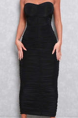 Black Ruched Strapless Bodycon Midi Dress - Vita