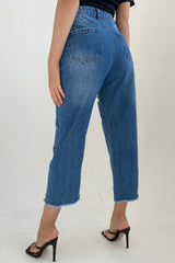 Blue Dark Wash High Waisted Distressed Cropped Flare Leg Jeans- Juliette