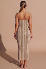 Beige Zig Zag Knit Strappy Midaxi Bodycon Dress- Teeya