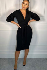 Black Belted Bodycon Midi Wrap Dress  - Angelica