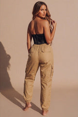 Stone Drawstring Elasticated Waist Cuffed Pocket Parachute Trousers - Love