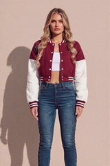 Wine varsity Slogan Contrast Sleeve Bomber - Hallie