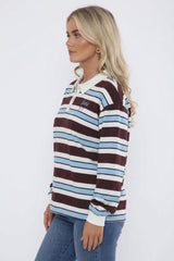 Brown And  Blue Stripe Oversized Polo Sweatshirt-Soho