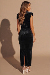 Black Velvet Shoulder Pad Midi Dress- Miea