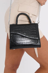 Black Croc Textured PU Faux Leather Mini Grab Bag - Leia