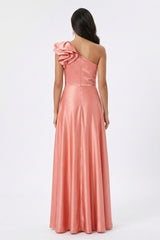 Coral One Shoulder Ruffle Detail Maxi Dress-Zxina