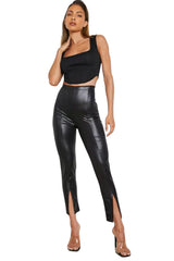 Black Leather Look Front Split Fleece Leggings- Elava