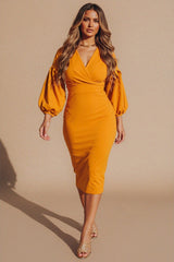 Mustard Belted Bodycon Midi Wrap Dress - Angelica