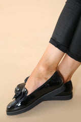 Black Patent Chunky Bow Loafers Flat Shoes - Capri