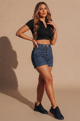 Mid Blue High Waisted Roll Hem Denim Shorts - Maura