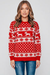 Red Reindeer And Snowflake Print Long Sleeve Knit Christmas Jumper - Holly