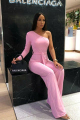Baby Pink Belted One Shoulder Jumpsuit - Evelyn