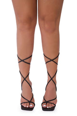 Black Lace Up Strappy Stiletto Square Toe Heels - Danira
