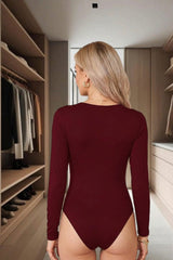 Wine Long Sleeve Round Neck Slinky Bodysuit - Layla