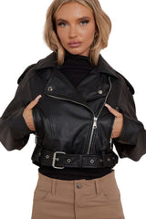 Black Faux Leather Cropped Belted Biker Jacket - Kiera