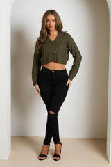 Khaki Button Front Cable Knit Long Sleeve Cropped Cardigan - Kinsley