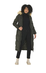 Khaki Longline Faux Fur Trim Puffer Jacket - Kiera