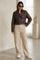 Brown Faux Leather Cropped Belted Biker Jacket - Kiera