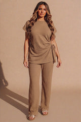 Mocha Tie Side Relaxed Fit Top And Wide Leg Trousers - Cheese