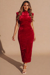 Red Velvet Shoulder Pad Midi Dress- Miea