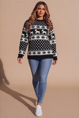 Black Reindeer And Snowflake Print Long Sleeve Knit Christmas Jumper - Holly