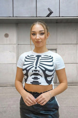White Skeleton Print Short Sleeve Crop Top – Harley