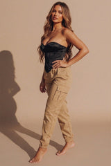 Stone Drawstring Elasticated Waist Cuffed Pocket Parachute Trousers - Love