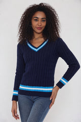 Navy Cable Knit V Neck Jumper with Stripe Trim - Somia