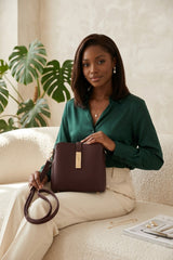 Brown Faux Leather Gold Detail Shoulder Bag - Polina
