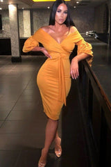 Mustard Belted Bodycon Midi Wrap Dress - Angelica