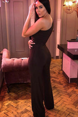 Brown Tie Front Slinky One Shoulder Wide Leg Jumpsuit - Heather