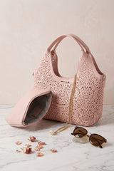 Pink Laser Cut Shoulder Bag With Matching Zip Pouch - Naeo