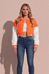 Neon Orange Varsity Slogan Contrast Sleeve Bomber - Hallie
