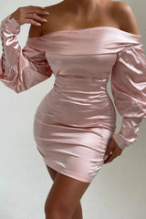 Light Pink Satin Bardot Long Puff Sleeve Bodycon Mini Dress - Tiara
