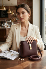 Brown Faux Leather Gold Detail Shoulder Bag - Polina